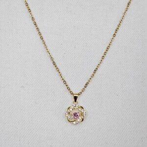 Simulated Pink Diamond Gold Tone New 14K Over Sterling Silver Pendant Necklace